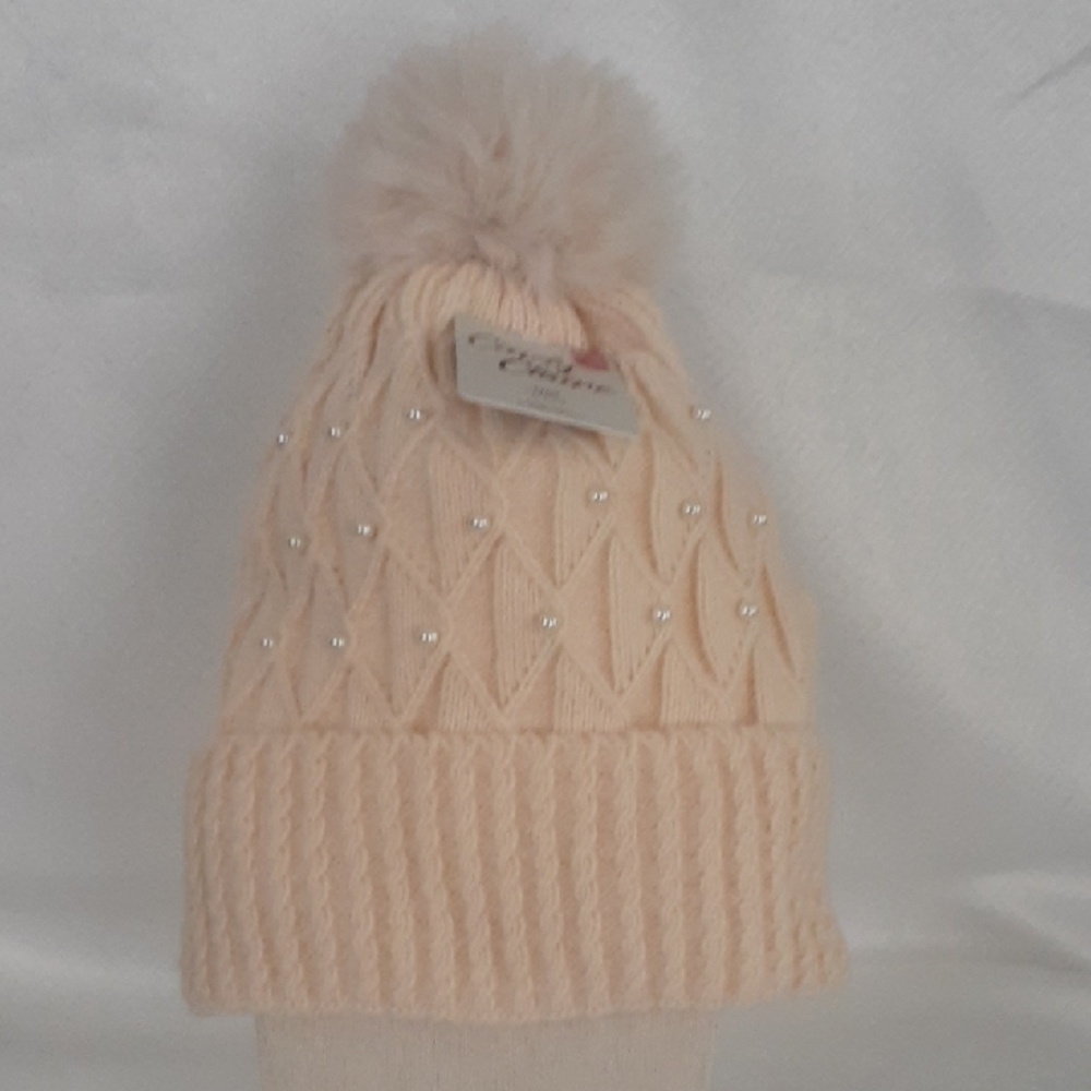 Cindy Claire Faux Fur Pom Pom Hat Cream Beads Embellished Insulated NWT